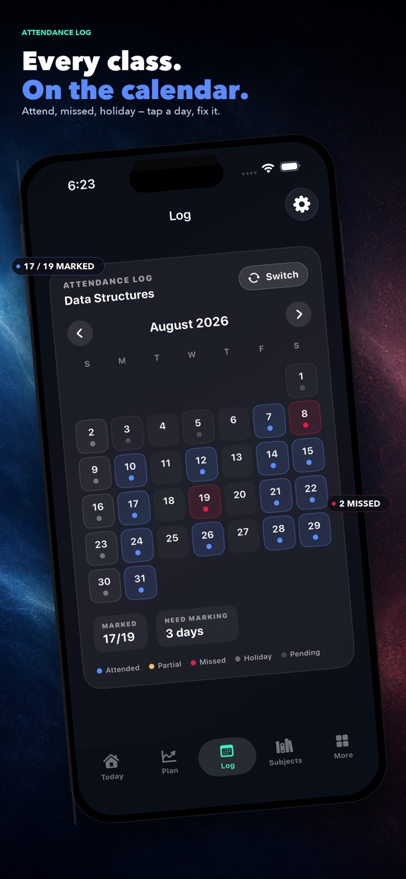 BunkPlanner Log screen with an August 2026 calendar. Attended days are blue and missed days are red. 17 of 19 days are marked.