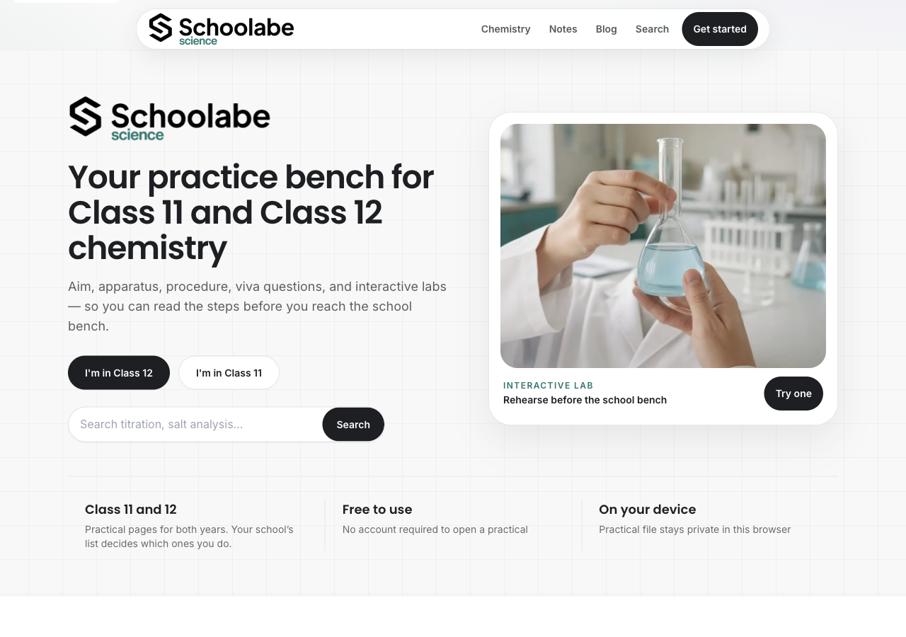 Schoolabe Science page listing Class 12 chemistry practicals: titration of KMnO4 with oxalic acid, titration with Mohr's salt, preparation of Mohr's salt, preparation of potash alum, and salt analysis for anions.