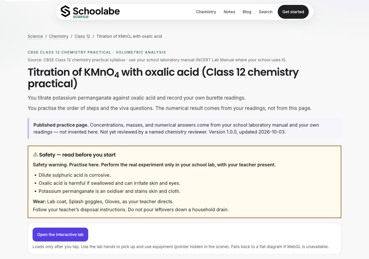 A Schoolabe Science practical page for titration of KMnO4 with oxalic acid, with sections for aim, apparatus, procedure, and viva questions.